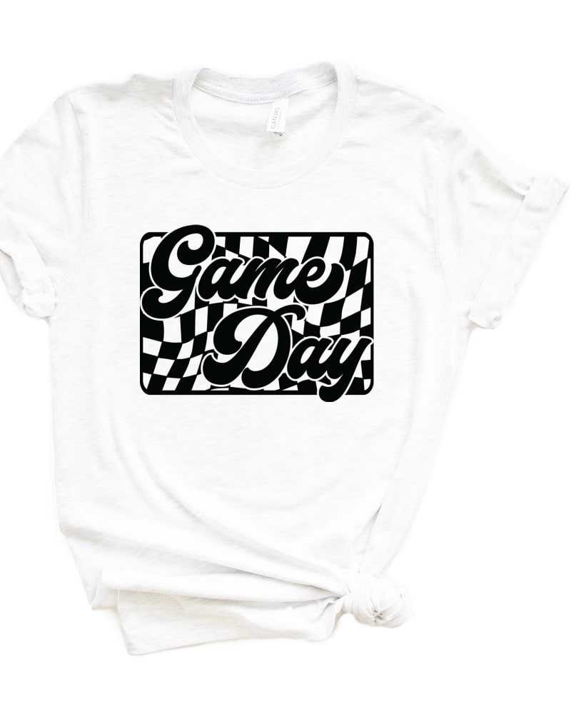Front of a size XL Game Day Checkered Short Sleeve Graphic Tee in White by Simply Sage Market. | dia_product_style_image_id:296466